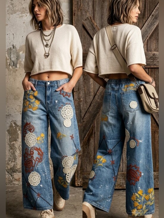 Oli & Hali Denim - FUNKY STEACH Denim Wide Leg Jeans with Floral Embroidery & Applique